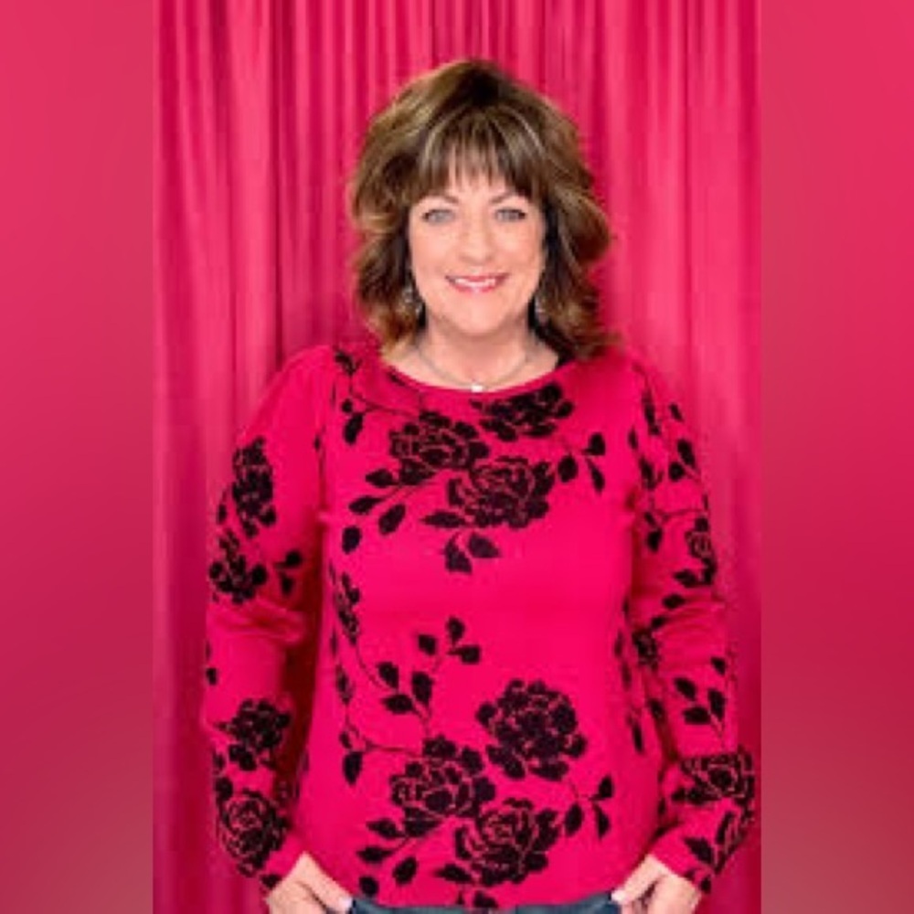 Zac & Rachel Fuchsia and Black Floral Knit Sweater. PL